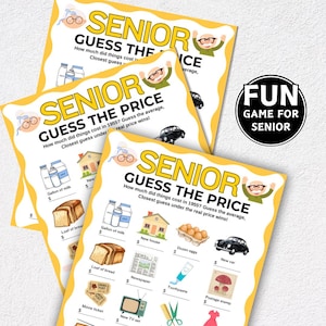 May include: Three yellow game cards with the text "SENIOR GUESS THE PRICE" and illustrations of items like milk, bread, and a car. The cards are designed for a senior-themed game, with the phrase "FUN GAME FOR SENIOR" in a circle.