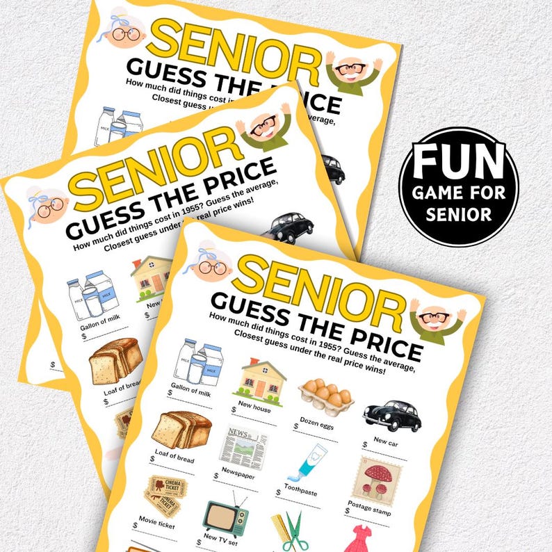 May include: Three yellow game cards with the text "SENIOR GUESS THE PRICE" and illustrations of items like milk, bread, and a car. The cards are designed for a senior-themed game, with the phrase "FUN GAME FOR SENIOR" in a circle.