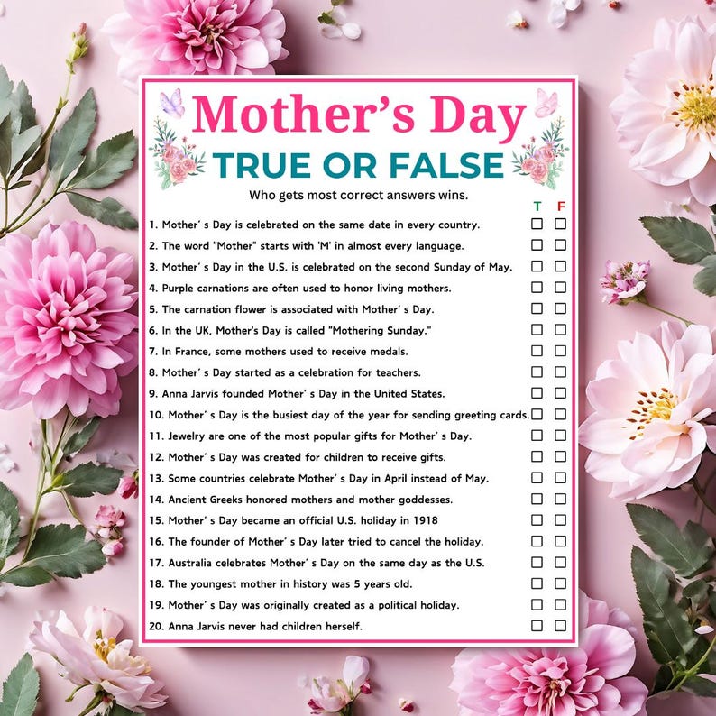 May include: A Mother's Day True or False quiz with a pink floral border. The quiz includes statements about Mother's Day traditions and history. The text is in a pink and white color scheme.