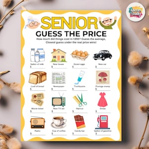 May include: A yellow and white game board titled "SENIOR GUESS THE PRICE." The game features illustrations of items like milk, a house, eggs, a car, bread, a newspaper, toothpaste, a stamp, a movie ticket, a TV, scissors, a dress, a radio, coffee, a candy bar, and gasoline.