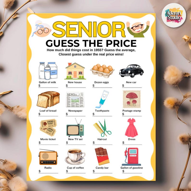 May include: A yellow and white game board titled "SENIOR GUESS THE PRICE." The game features illustrations of items like milk, a house, eggs, a car, bread, a newspaper, toothpaste, a stamp, a movie ticket, a TV, scissors, a dress, a radio, coffee, a candy bar, and gasoline.