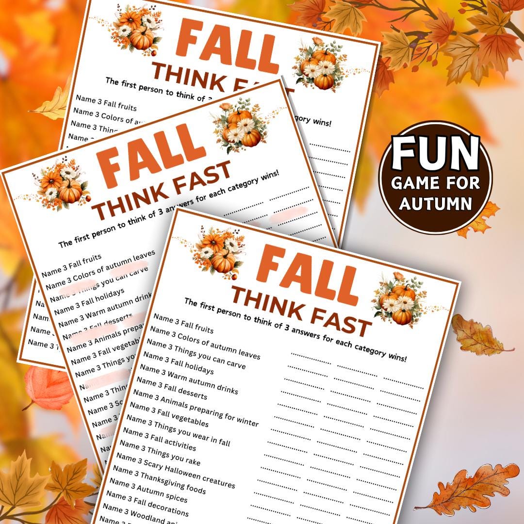 Fall Think Fast Game! Printable Fall Games, Think Quick Trivia Game ...
