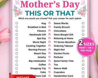 Mothers Day This or That Game, Would She Rather, Printable Mothers Day Games, Holiday Family Games, Mother's Day Party Game for Kids Adults