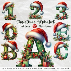 Clipart di alfabeto e numeri di Natale, lettere di Natale, font di Natale, alfabeto digitale per le vacanze, lettere di Natale stampabili, download digitale