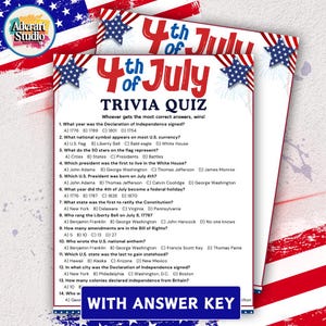 May include: A patriotic 4th of July trivia quiz with a red, white, and blue theme. The quiz features questions about U.S. history, including the Declaration of Independence and the Bill of Rights. Includes an answer key.