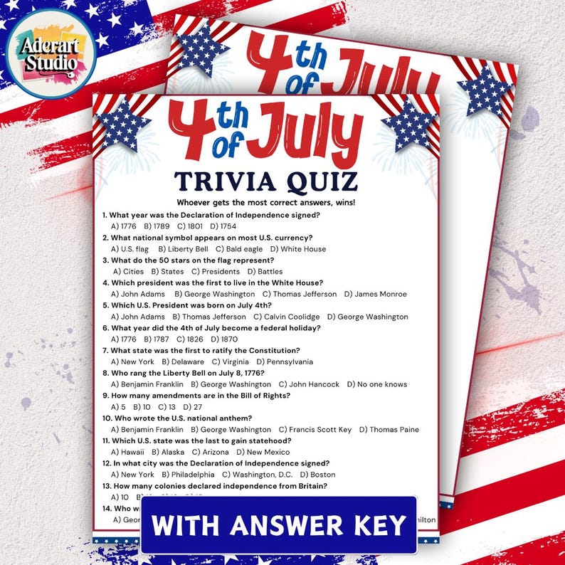 May include: A patriotic 4th of July trivia quiz with a red, white, and blue theme. The quiz features questions about U.S. history, including the Declaration of Independence and the Bill of Rights. Includes an answer key.