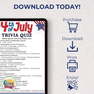 May include: A digital tablet displays a "4th of July Trivia Quiz" with questions about American history. The screen features patriotic red, white, and blue graphics, including a star-spangled banner design. The image also includes icons for purchase, download, print, and enjoy.