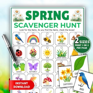 May include: A printable Spring Scavenger Hunt game with colorful illustrations of a bird, rainbow, bee, daffodils, ladybug, tulips, sun, green grass, gloves, butterfly, tree, and mushroom. Includes the text "Spring Scavenger Hunt".