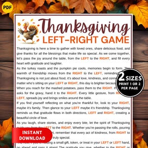 Op de afbeelding: Printbaar Thanksgiving Links-Rechts spel. Het ontwerp bevat een kalkoenillustratie en tekst. Het spel is verkrijgbaar in twee formaten, met de optie om één of twee per pagina af te drukken. De woorden "Direct downloaden" zijn ook zichtbaar.