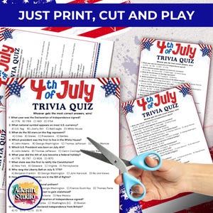 May include: A collection of 4th of July trivia quizzes with patriotic red, white, and blue designs. The quizzes feature questions about American history, with the text "4th of July Trivia Quiz" and the phrase "Just Print, Cut and Play".