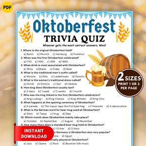 May include: Oktoberfest trivia quiz with questions about the festival, including the location of the original event, the traditional attire, and the beer mug terminology. Includes a beer stein graphic and a barrel. Available in two sizes.