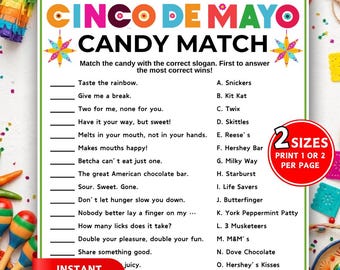 Candy Match Spiel, Cinco de Mayo Partyspiel, Candy Slogan Trivia Spiel, Fiesta Aktivität für Kinder & Erwachsene, Familienspieleabend, Match Up Quiz