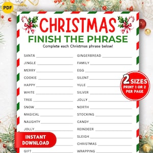 Juego de frases navideñas, juego de frases navideñas, juego imprimible para fiestas navideñas, juego familiar navideño, juego de fiesta para niños y adultos.