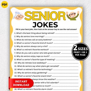 Op de afbeelding: Een gele, bedrukbare spelkaart met de titel "SENIOR JOKES" met invulvragen. Bevat afbeeldingen van oudere mensen. Het blad biedt twee afdrukformaten. Het spel is bedoeld om in te vullen.