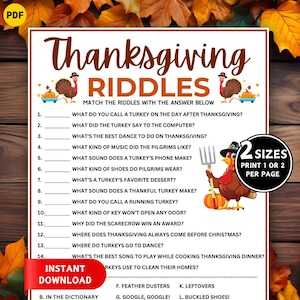 May include: Thanksgiving Riddles printable game with a turkey illustration, pumpkins, and fall leaves. The game includes 14 riddles with answer choices. The words "Instant Download" are visible.