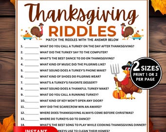 Könnte beinhalten: Ausdruckbares Thanksgiving-Rätselspiel mit einer Truthahn-Illustration, Kürbissen und Herbstblättern. Das Spiel enthält 14 Rätsel mit Antwortmöglichkeiten. Die Worte "Sofortiger Download" sind sichtbar.