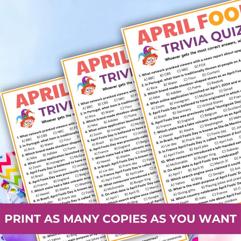 April Fools' Day Trivia Game, Printable April Fools Trivia Quiz, April ...