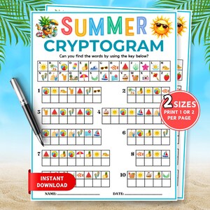 Summer Cryptogram Game, Printable Summer Game for kids & Adults, Summer Party Games, Family Game, BBQ Game, Brain Game, Word Puzzle Game