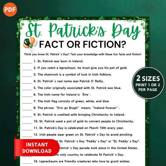 St. Patrick's Day Fact or Fiction Game, St Patrick's Day Games, St Paddy's Activity Game, St. Patrick's Day Party Game, Irish Games for Kids