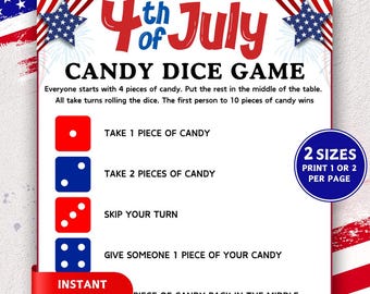 4. Juli Süßigkeiten Würfelspiel, druckbares 4. Juli Spiel, Pass the Candy Spiel, Vaterländische Spiele Kinder, Unabhängigkeitstag, Klassenzimmer-Partyspiele