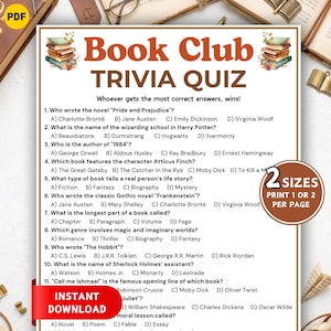 May include: A printable Book Club Trivia Quiz with questions about literature and authors. The quiz includes questions about novels, authors, and literary characters. The quiz is available in two sizes and is an instant download.