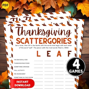 May include: Thanksgiving Scattergories game sheets with fall leaves in the background. The game sheets have prompts to fill in the blanks with words starting with each letter of the word "LEAF". Includes "Instant Download" text.