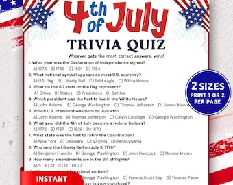 4. Juli Trivia Spiel, druckbares Fourth of Juli Spiel, amerikanisches Trivia Quiz, Unabhängigkeitstag Spiel, 4. Juli Familien Quiz, Vaterländisches Spiel