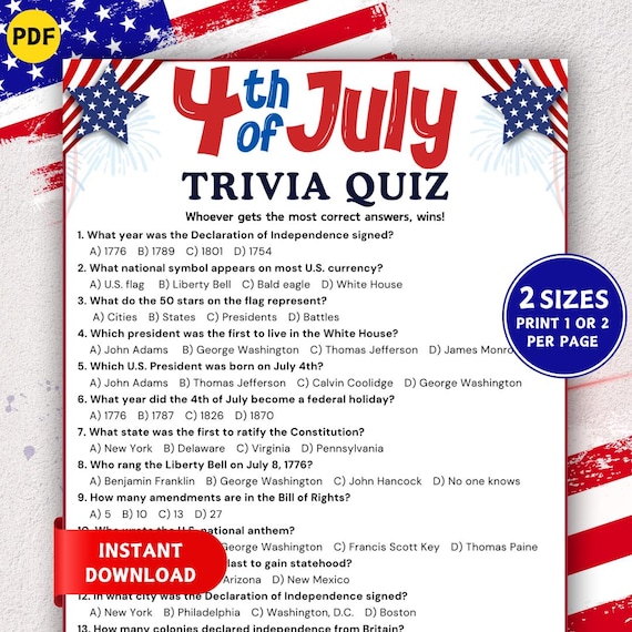 4th of July Trivia Game, Printable Fourth of July Game, American Trivia Quiz, Independence Day Game, 4th of July Family Quiz, Patriotic Game