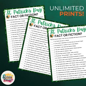 May include: Printable St. Patrick's Day fact or fiction game with 19 questions. The game is designed to test your knowledge of St. Patrick's Day traditions and folklore. The game is printed on green paper with white text.