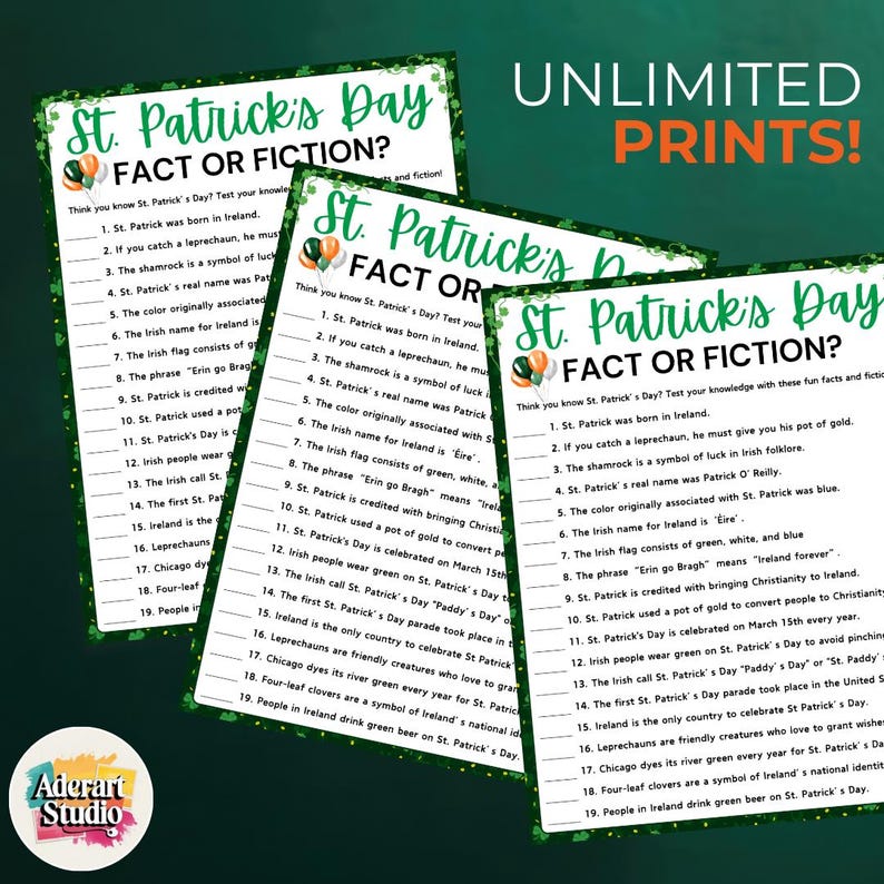 May include: Printable St. Patrick's Day fact or fiction game with 19 questions. The game is designed to test your knowledge of St. Patrick's Day traditions and folklore. The game is printed on green paper with white text.