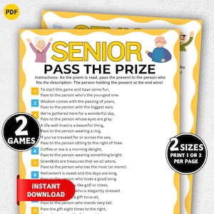 May include: A printable game titled "Senior Pass the Prize" with a yellow and white design. The game includes instructions and prompts for a fun activity. The image also includes a "2 Games" and "Instant Download" label.
