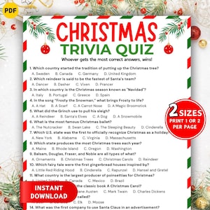 May include: A printable Christmas trivia quiz with questions about holiday traditions, including the Christmas tree, reindeer, and carols. The quiz is decorated with festive red and green colors, with text that reads "Christmas Trivia Quiz". Includes an "Instant Download" button.