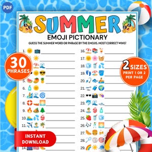 Summer Emoji Game, Printable Summer Emoji Pictionary, Trivia Game, Beach Emoji Game, Summer Party Games, Summer Activities, Pool Party Games