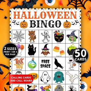 May include: A Halloween Bingo game card with a festive orange and white design. The card features Halloween-themed illustrations like pumpkins, a black cat, and a witch. Text includes "Halloween Bingo", "50 Cards", and "Calling Cards and Call Board".