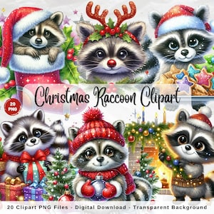 Bundle de cliparts Noël raton laveur aquarelle, raton laveur hiver PNG, vacances d'hiver, clipart Noël raton laveur, raton laveur des cliparts, Design par sublimation