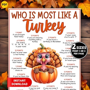 Könnte beinhalten: Ein Spiel zum Thema Thanksgiving mit dem Text "Who Is Most Like A Turkey". Das Bild zeigt einen Cartoon-Truthahn in einem orangefarbenen Kürbis. Das Spiel beinhaltet punktbasierte Fragen. Der Text "Instant Download" ist ebenfalls sichtbar.