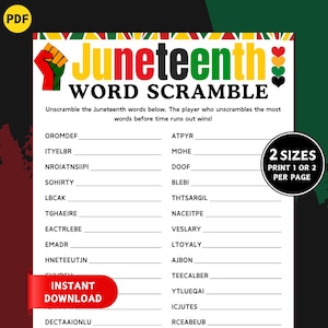 Pode incluir: Um jogo imprimível de Juneteenth Word Scramble com um esquema de cores vermelho, amarelo, verde e preto. O jogo inclui o texto "Juneteenth WORD SCRAMBLE" e "INSTANT DOWNLOAD". O jogo está disponível em dois tamanhos.