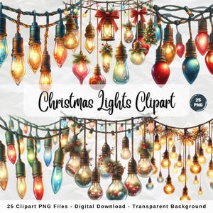 May include: A collection of Christmas lights clipart in various shapes and colors, including red, blue, and gold. The image features a variety of light bulb designs, some with decorative elements like bows and pine needles. The text "Christmas Lights Clipart" is displayed.