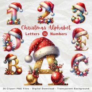 Bundle di clipart di alfabeto natalizio ad acquerello, lettere festive, grafica numerica, lettera del cappello di Babbo Natale PNG, monogramma di ornamenti natalizi