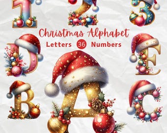Watercolor Christmas Alphabet Clipart Bundle, Festive Holiday Letters, Number Graphics, Santa Hat Letter PNG, Christmas Ornaments Monogram