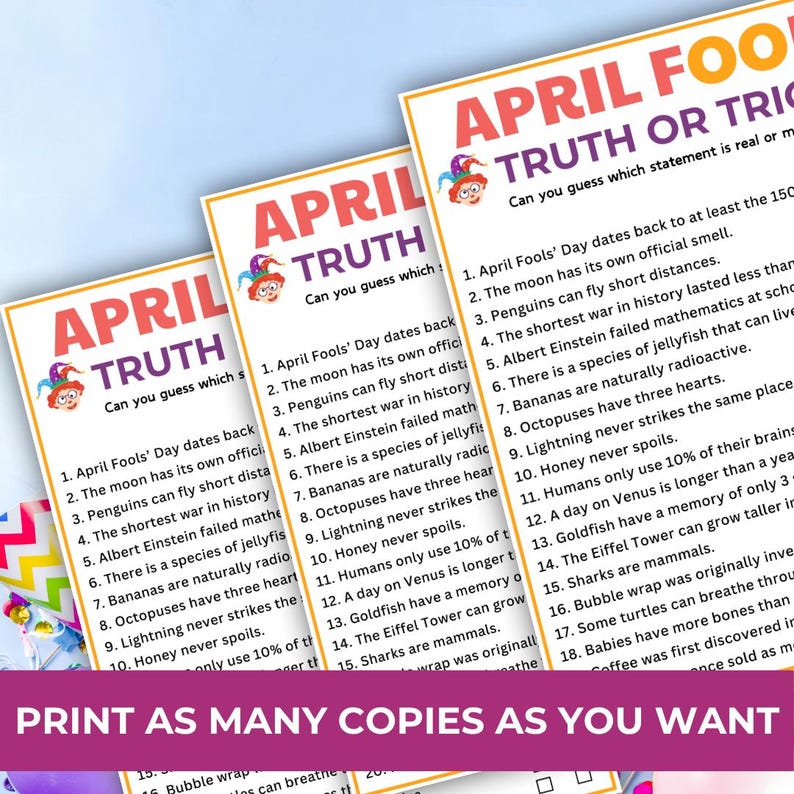 Truth or Trick Game, April Fools' Day Trivia, April Fools Party Game ...
