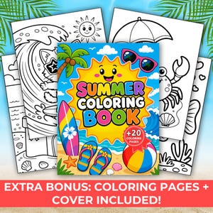 May include: A Summer Coloring Book with a bright yellow sun, palm tree, surfboard, flip-flops, beach ball, and sunglasses on the cover. The book features 20 coloring pages with black and white line art illustrations of a cat surfing, a crab, and a beach umbrella.