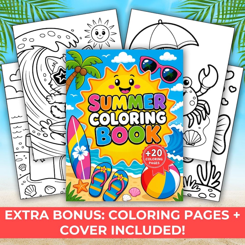 May include: A Summer Coloring Book with a bright yellow sun, palm tree, surfboard, flip-flops, beach ball, and sunglasses on the cover. The book features 20 coloring pages with black and white line art illustrations of a cat surfing, a crab, and a beach umbrella.