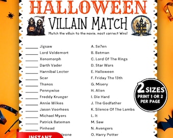 Halloween Movie Villain Match Up Game, Printable Halloween Game, Fun Halloween Party Games, Scary Movie Trivia Game, Villain Matching Game