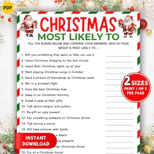 以下が含まれることがあります： 赤と緑のボーダーが付いた、印刷可能なクリスマスゲーム。テキストは「Christmas Most Likely To」です。ゲームには、クリスマスの伝統に関する穴埋め問題とサンタクロースのイラストが含まれています。「Instant Download」の文字も表示されています。
