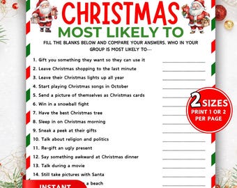 May include: A printable Christmas game with a red and green border, featuring the text "Christmas Most Likely To." The game includes fill-in-the-blank questions about Christmas traditions and a Santa Claus illustration. The words "Instant Download" are also visible.