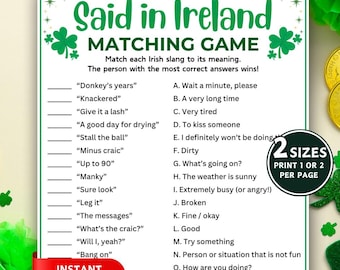 St. Patrick's Irish Slang Matching Game, St. Patrick's Day Trivia Games, Printable Match Up Game, Teen St Paddy's Day Game, Irish Party Game