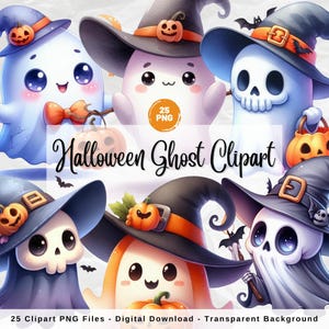 Watercolor Halloween Ghost Clipart Bundle, Cute Halloween Ghost Graphics, Ghost Clipart, Spooky Clipart, Halloween PNG, Halloween Printable