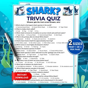 May include: A Shark Trivia Quiz game sheet featuring blue text and cartoon shark illustrations. The document includes twelve multiple-choice questions about shark biology and behavior, with a silver pen resting on the left side of the paper.