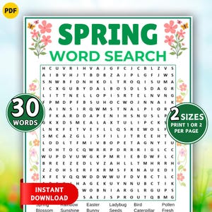 May include: A printable spring-themed word search puzzle with the title "Spring Word Search" in green. The puzzle includes 30 words and is available in two sizes. The image also features the words "Instant Download".
